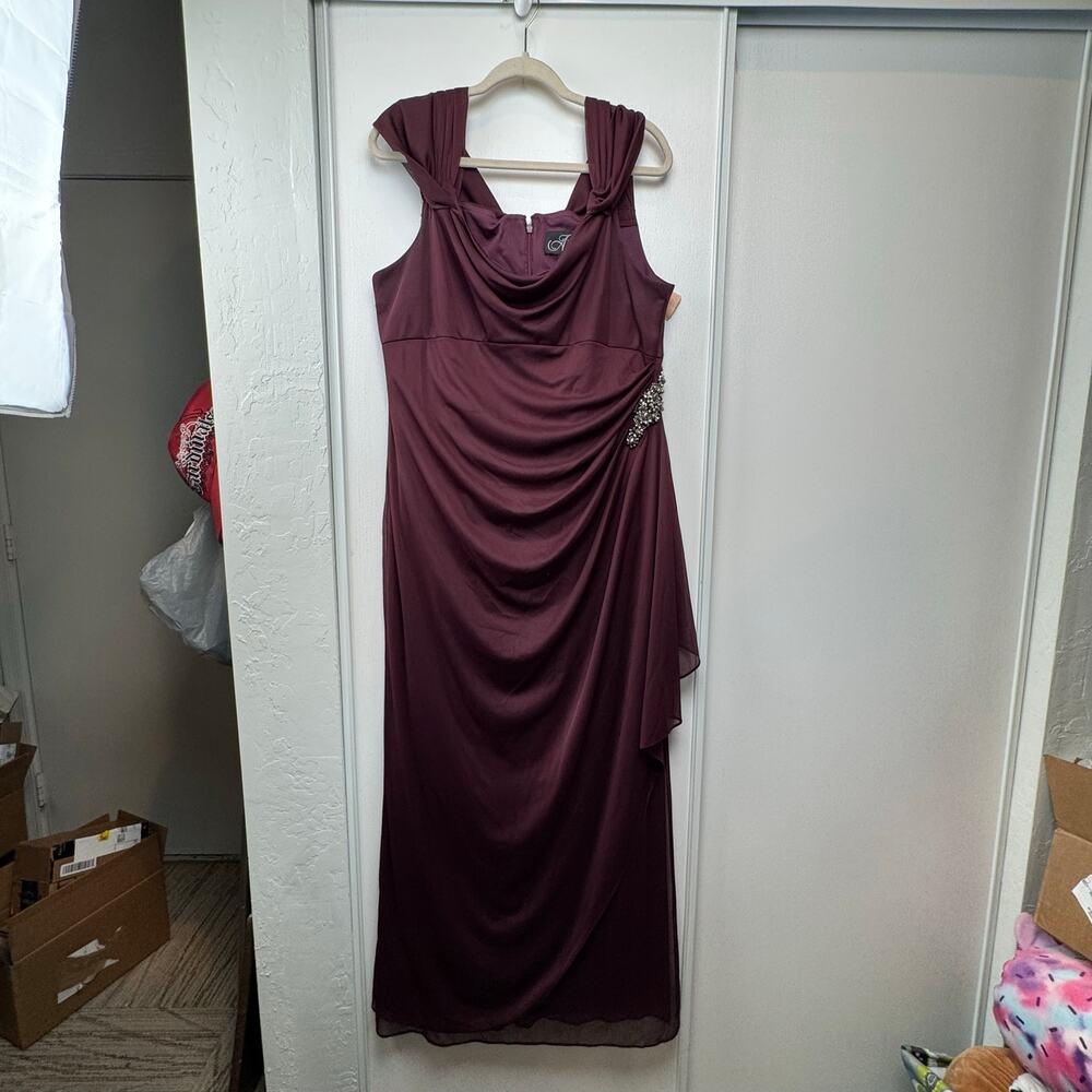 Alex Evening Designer Purple Draped Beaded Detail Waist Maxi Dress Size 16